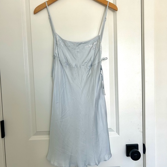 NWT Rumored Sky Blue Silk Mini Slip Dress Tie Detail Embroidered Medium - Picture 1 of 3